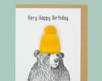 Very Happy Birthday. Bear with a woolly hat. Illustration A5 card. Girlfriend, Best Friend, Daughter, Son - Large hand crafted card.