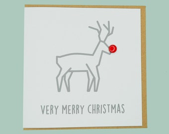 Very Merry Christmas. Modern Red Nosed Reindeer. Rudolf. Teddy Perkins handmade enamel card.