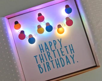 Light up card. Happy Thirtieth Birthday - Teddy Perkins handmade coloured LED.