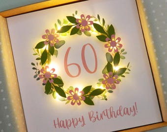 Light up card. Happy 60th Birthday - Teddy Perkins handmade pink paper flower garland.