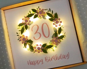 Light up card. Happy 30th Birthday - Teddy Perkins handmade pink paper flower garland.