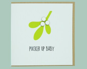 Pucker Up Baby. Mistletoe. Teddy Perkins handmade enamel Christmas card.