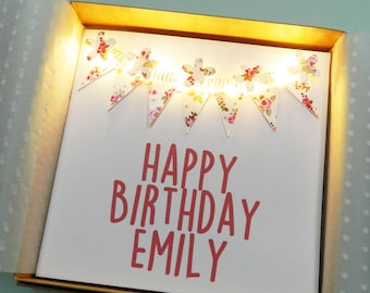 Personalised light up birthday card. Pink floral bunting - Teddy Perkins handmade LED card.