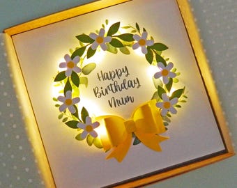 Light up card. Happy Birthday Mum - Daisy garland. Teddy Perkins handmade LED card.