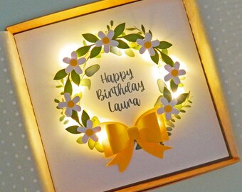 Personalised light up card. Happy Birthday - Daisy garland. Teddy Perkins handmade LED card.