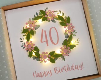 Light up card. Happy 40th Birthday - Teddy Perkins handmade pink paper flower garland.