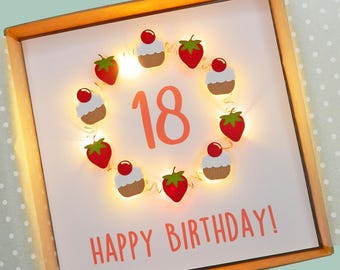 Light up 18th birthday card - Cupcakes and strawberries. Teddy Perkins handmade LED card.