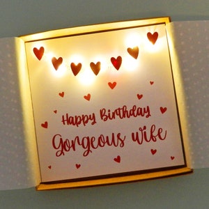 Light up birthday card. Happy Birthday Gorgeous Wife - Teddy Perkins handmade LED card.