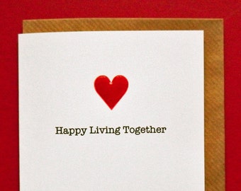 Happy Living Together. Red Enamel Heart Card, New Home, Moving in Together - Hand-enamelled art card.