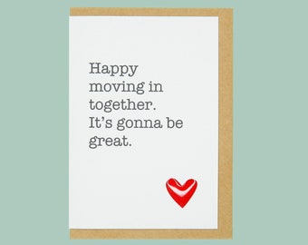 Happy moving in together. It's gonna be great. Living together, handmade enamel card.