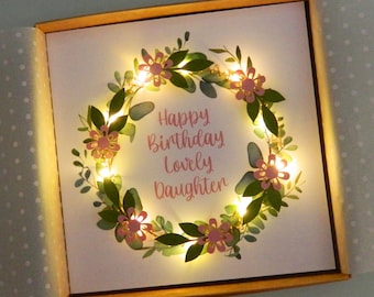 Happy birthday lovely daughter - Teddy Perkins handmade light up card. Pink flower garland.