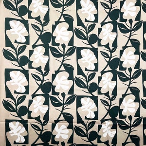 Marimekko &quot;Pienet Naatit&quot; geometric flowers 100% cotton panama fabric, sold by the half yard, green & brown, Finland Scandinavian pop art