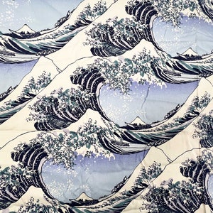 Japanese &quot;Under the Wave&quot; cotton fabric by Sunhit Co. Katsushika Hokusai painting illustration printed in Japan