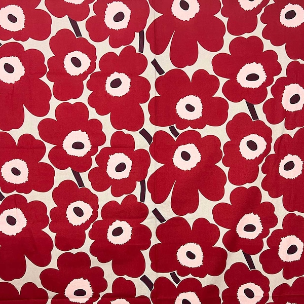 Marimekko "Pieni Unikko 2" dark red 100% cotton fabric, sold by the half yard, Scandinavia poppies pop art flowers