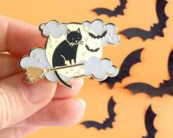 Witchy Moon Cat Enamel Pin, spoopy halloween enamel pin, witchy vibes, cute halloween pin, pin badge, spooky pin, black cat, witchy pin