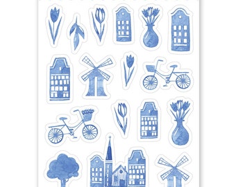 1 x Delft Blue Dutch Sticker Sheet A6 (S012) - Planner Stickers, Snail mail, Stationery Supplies, Dutch, Netherlands, Holland, Delfts blauw