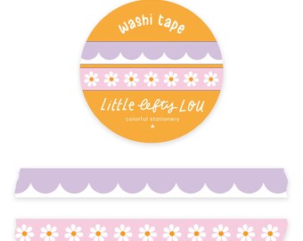 Slim Lilac Scalloped and Pink Daisies Washi Tapes Set by Little Lefty Lou - Masking Tape, 9 mm, planner supplies, floral, pastel, spring