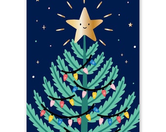 Bright Star Christmas Tree Postcard - Little Lefty Lou - gold foil, cute, colorful christmas card