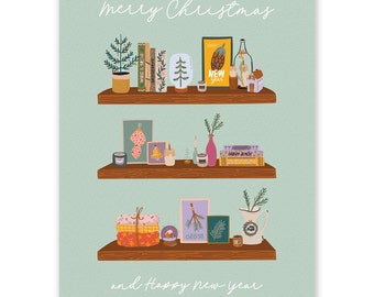 Christmas Shelves Postcard - Little Lefty Lou - cute colorful christmas card