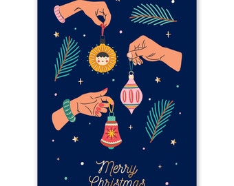 Holding Christmas Baubles Postcard - Little Lefty Lou - gold foil, cute, colorful christmas card