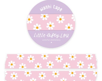 Pink Daisies Washi Tape by Little Lefty Lou - Masking Tape, 15 mm by 10 meter, planner supplies, floral, pastel, spring