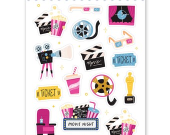 1 x A6 Movie Night Stickers (S026) by Little Lefty Lou, waterproof, theater, cinema,