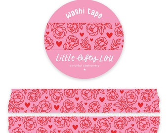 Hearts And Roses Washi Tape by Little Lefty Lou - Masking Tape, 15 mm by 10 meter, planner supplies, valentine's day, love, pink and red