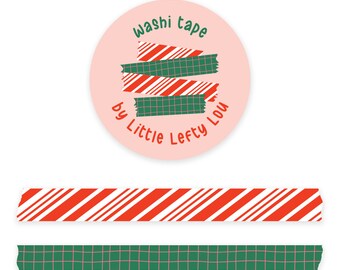 2 Slim Christmas Basic Washi Tapes by Little Lefty Lou - Masking Tape, 9 mm by 10 meter, planner supplies, candy cane, green grid