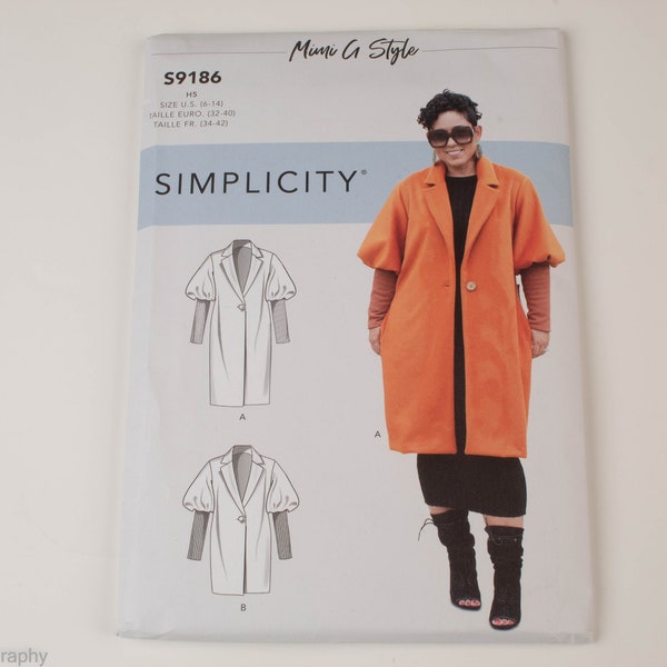 Uncut Simplicity Sewing Pattern S9186 Mimi G Style Misses Coat and Jacket Size 6-8-10-12-14 & 16- 18-20-22-24 Factory Fold