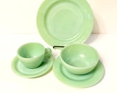 5pcs Vintage Fire King Oven Ware Jadeite HEAVY THICK 9 quot Dinner Salad Plates Chili Bowl Thick Maxwell House Teacup Saucer Green Restaurant