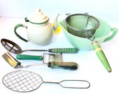 Vintage Kitchenware Cooking Utensils Lot Fire King Jadeite Large Batter Bowl Cream Green Trim Enamel Kettle Pot Wood Handle Strainer Hoosier