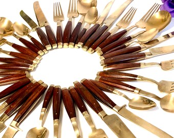 4 Pairs Spoons /& Forks 7/" Tembusu Wood Dinnerware Set Handmade Made in Thailand