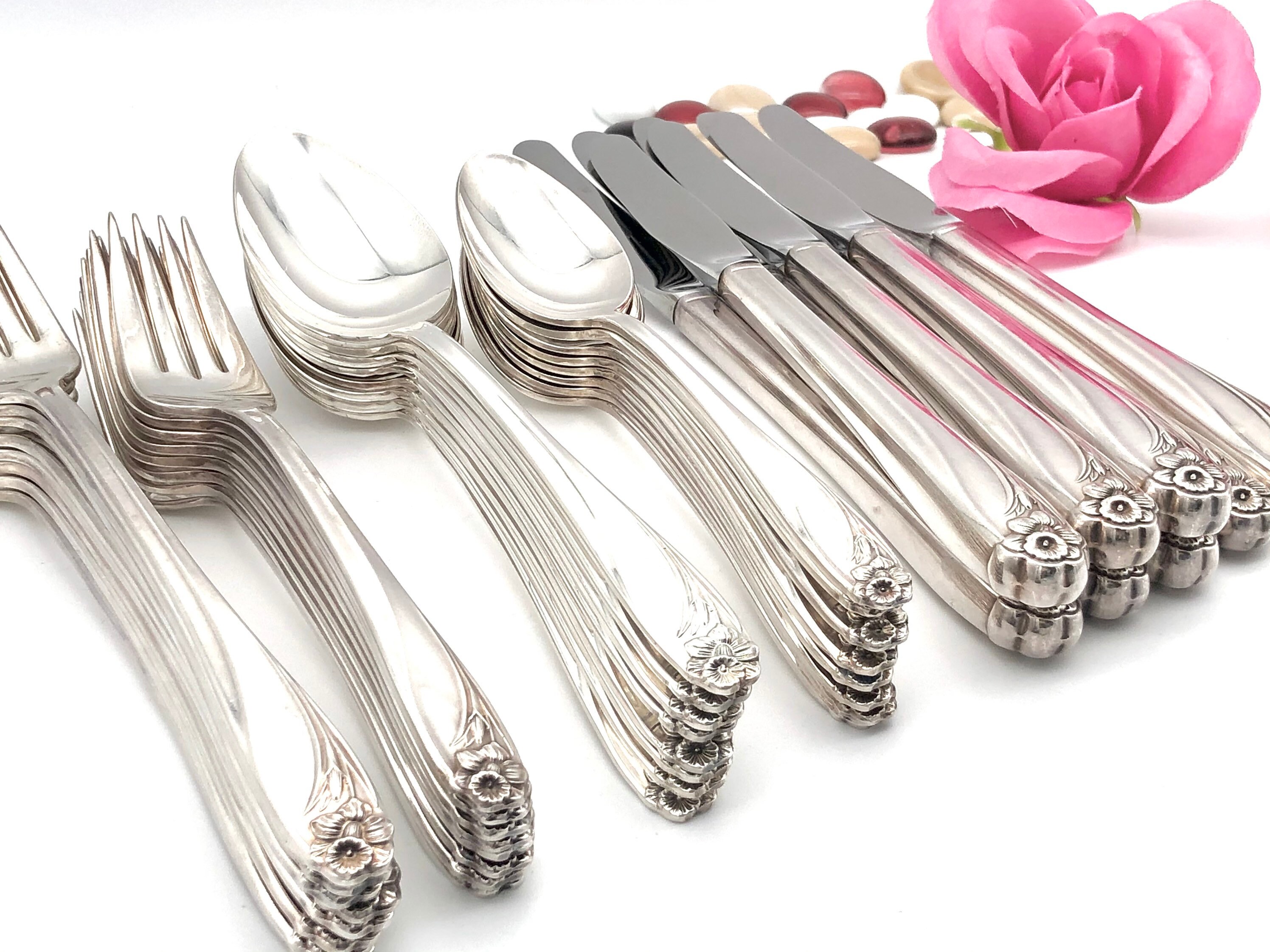 Vintage Mid Century Gold Plated Spoon and Chopsticks Collection New in the Box Enameled Flower Design Flatware Fancy Tableware Ornate Golden