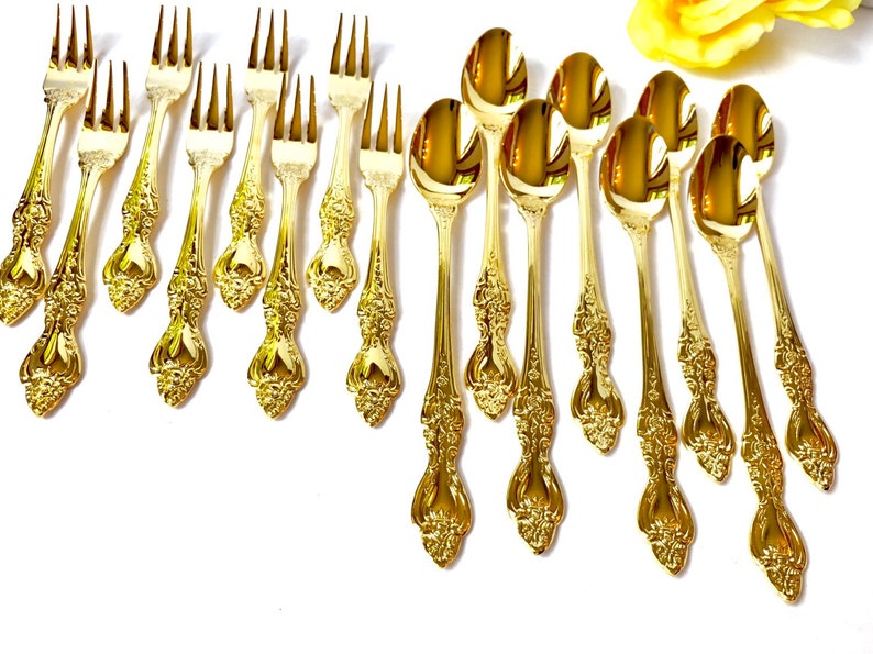NEW 16pcs Vintage Ornate Gold Plated Seafood Oyster Lobster Cocktail Fork Parfait Iced Ice Tea Spoon Teaspoon Flowers Royal Garden