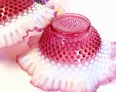 1pc Vintage Fenton Hobnail Cranberry Opalescent Glass Lamp Shade Ruffled EAPG Collectors Home Decor Replacement Chandelier Ceiling