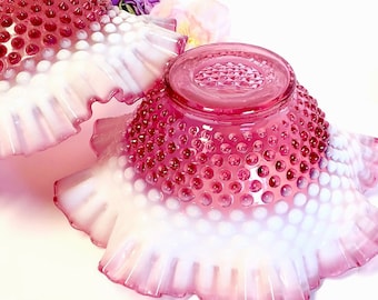 1pc Vintage Fenton Hobnail Cranberry Opalescent Glass Lamp Shade Ruffled EAPG Collectors Home Decor Replacement Chandelier Ceiling