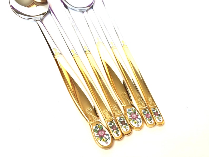 Vintage Mid Century Gold Plated Spoon and Chopsticks Collection New in the Box Enameled Flower Design Flatware Fancy Tableware Ornate Golden