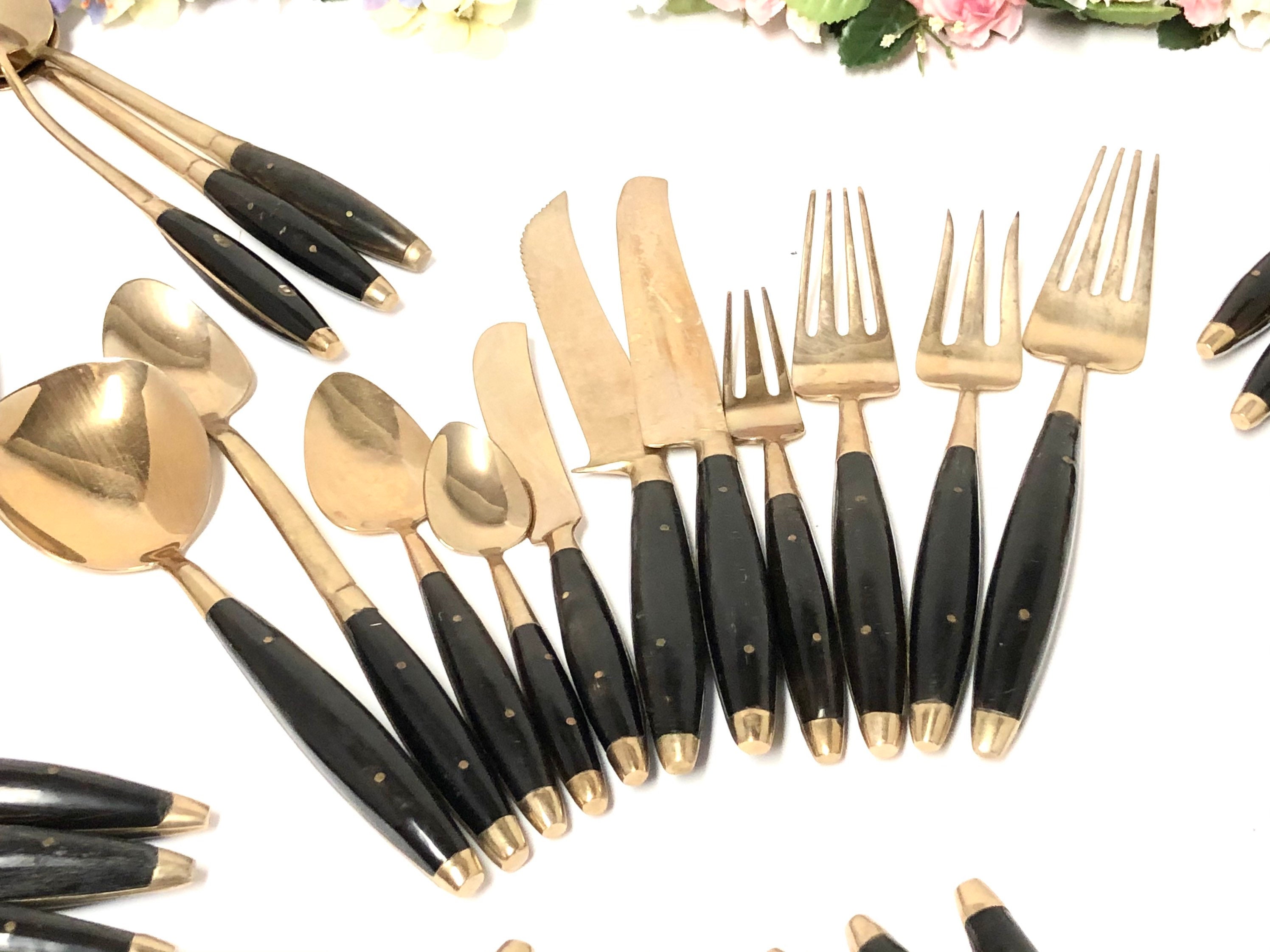 NICE 50pcs Brass Black Handle Flatware Set Retro MCM Cutlery Etsy