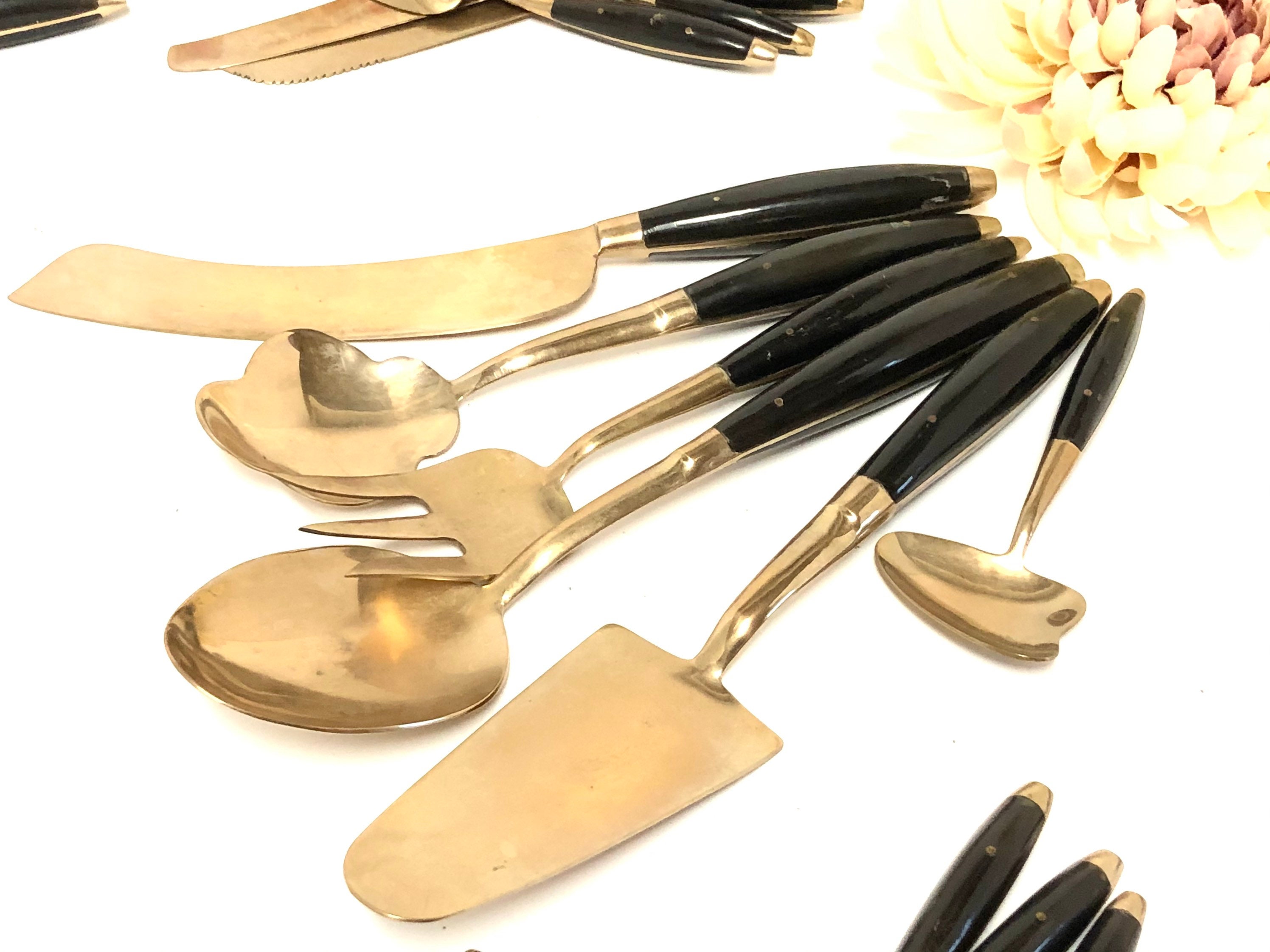 NICE 50pcs Brass Black Handle Flatware Set Retro MCM Cutlery Etsy