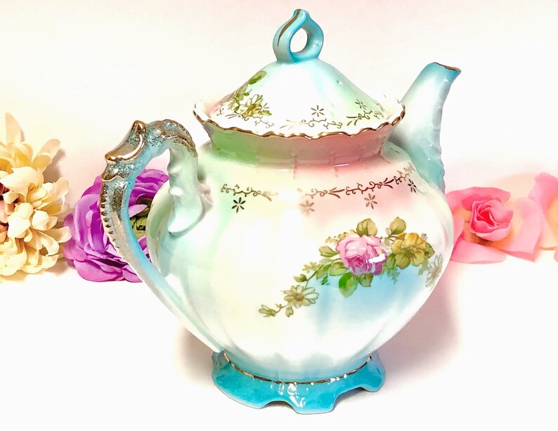 Lovely Norcrest Hand Painted Blue Turquoise Teapot Pink Roses Etsy