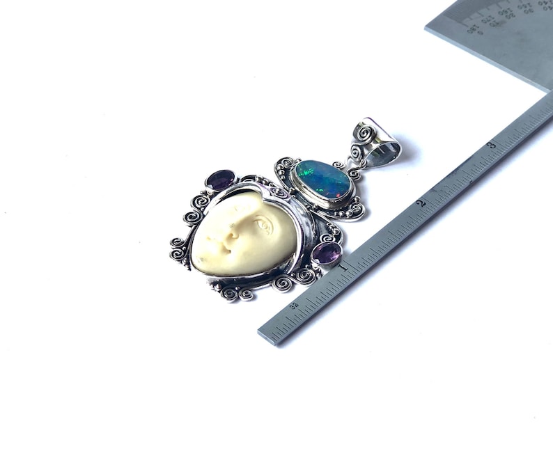 Vintage Sterling Silver Sajen Opal Amethyst Carved White Stone Inlay Insert Goddess Pendant Mystical Boho Gothic Elegant