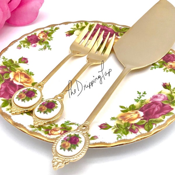 3pcs Royal Albert Old Country Roses Dessert Demitasse Demi Forks Knife Tea Party Server Pie Cake Pastry Porcelain Ceramic Handle Inset