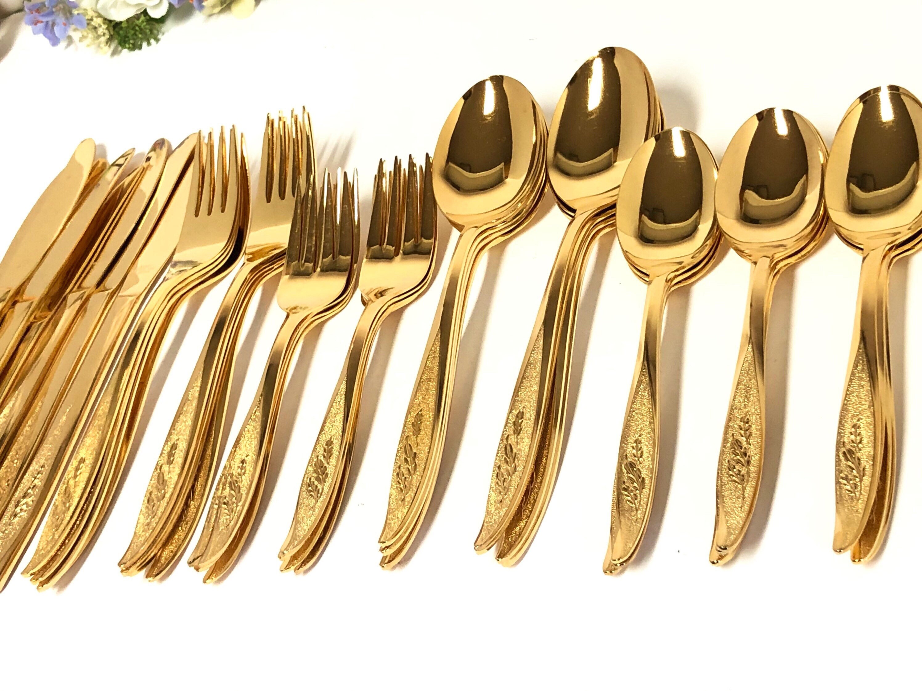 Vintage Mid Century Gold Plated Spoon and Chopsticks Collection New in the Box Enameled Flower Design Flatware Fancy Tableware Ornate Golden