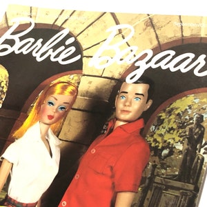May include: A vintage Barbie Bazaar magazine cover featuring Barbie and Ken dolls in a college setting. The cover features the text "Barbie Bazaar" in white cursive lettering against a brown background.
