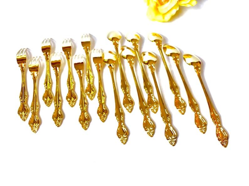 NEW 16pcs Vintage Ornate Gold Plated Seafood Oyster Lobster Cocktail Fork Parfait Iced Ice Tea Spoon Teaspoon Flowers Royal Garden