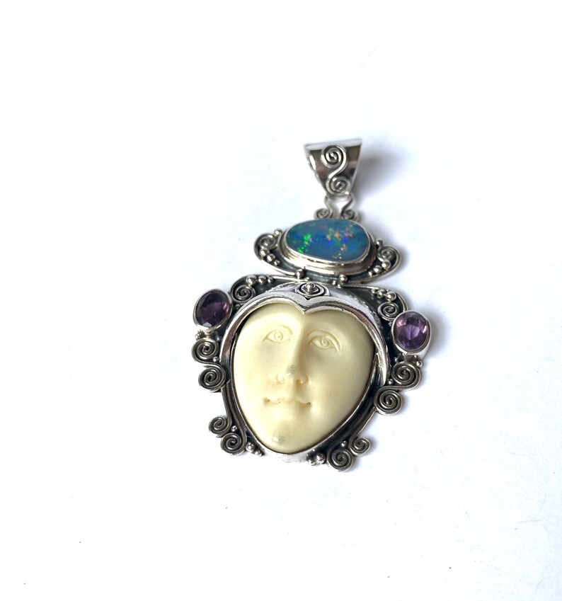 Vintage Sterling Silver Sajen Opal Amethyst Carved White Stone Inlay Insert Goddess Pendant Mystical Boho Gothic Elegant