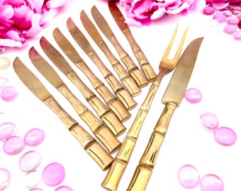 10pcs Nickel Bronze Golden Cane Bamboo Bambu Knives Forks Carving Hostess Serving Set Gold Designer Flatware Midcentury MCM