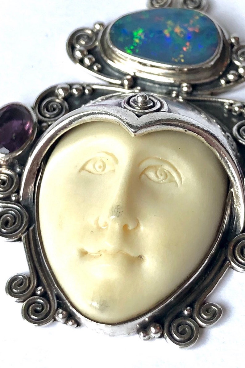 Vintage Sterling Silver Sajen Opal Amethyst Carved White Stone Inlay Insert Goddess Pendant Mystical Boho Gothic Elegant