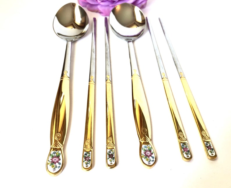 Vintage Mid Century Gold Plated Spoon and Chopsticks Collection New in the Box Enameled Flower Design Flatware Fancy Tableware Ornate Golden