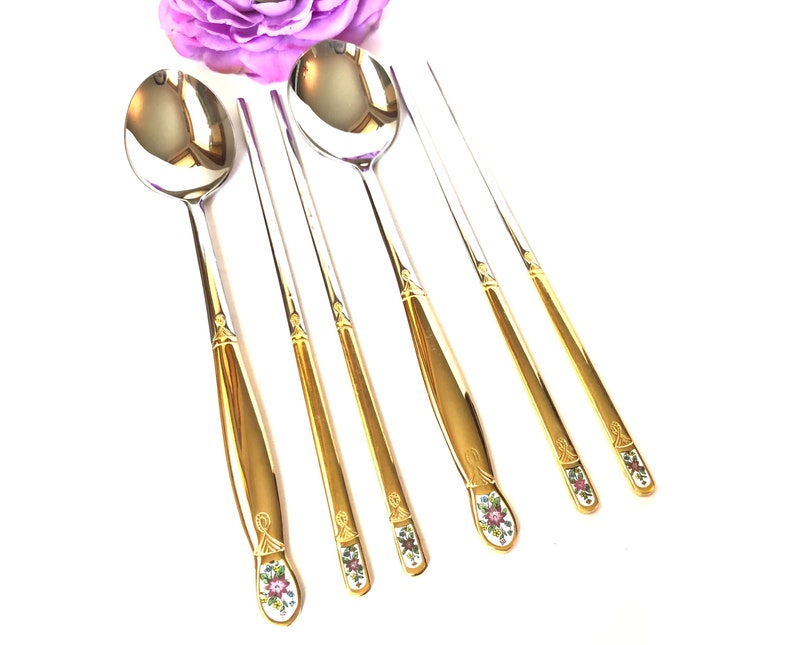 Vintage Mid Century Gold Plated Spoon and Chopsticks Collection New in the Box Enameled Flower Design Flatware Fancy Tableware Ornate Golden